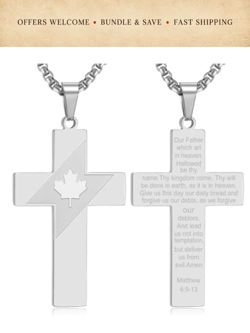 Stainless Steel Canada Flag Cross Necklace Bible Verse Pendant 24" Box Chain